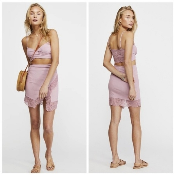 Free People Dresses & Skirts - Free People Va Va Voom Lace Crop Top Bodycon Skirt Set Bliss Blush Pink L NWT